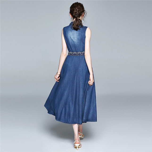 CM-DF063010 Women Elegant European Style V-Neck Tie Waist Denim Long Dress - Blue