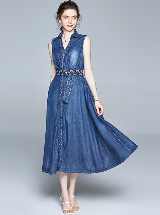 CM-DF063010 Women Elegant European Style V-Neck Tie Waist Denim Long Dress - Blue
