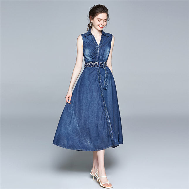 CM-DF063010 Women Elegant European Style V-Neck Tie Waist Denim Long Dress - Blue