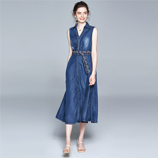 CM-DF063010 Women Elegant European Style V-Neck Tie Waist Denim Long Dress - Blue