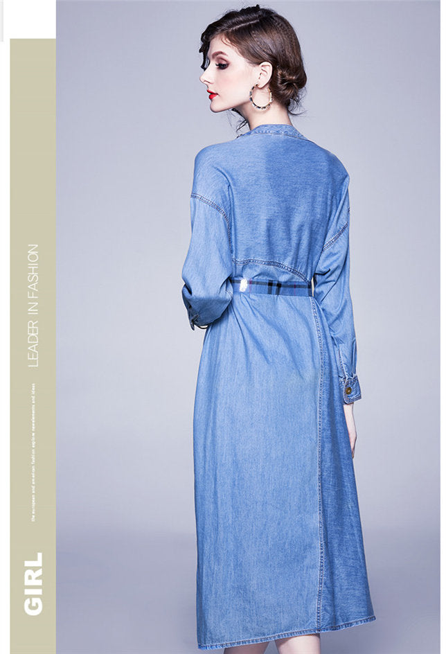 CM-DF063012 Women Elegant European Style Sloping Single-Breasted Loosen Denim Dress - Blue