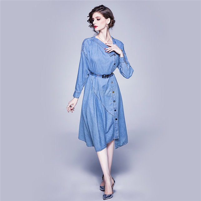 CM-DF063012 Women Elegant European Style Sloping Single-Breasted Loosen Denim Dress - Blue