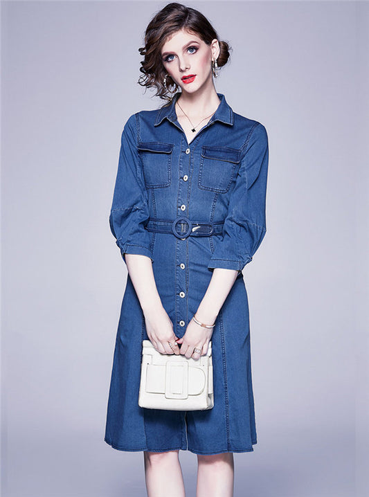 CM-DF063015 Women Elegant European Style Single-Breasted Puff Sleeve Slim Denim Dress - Blue