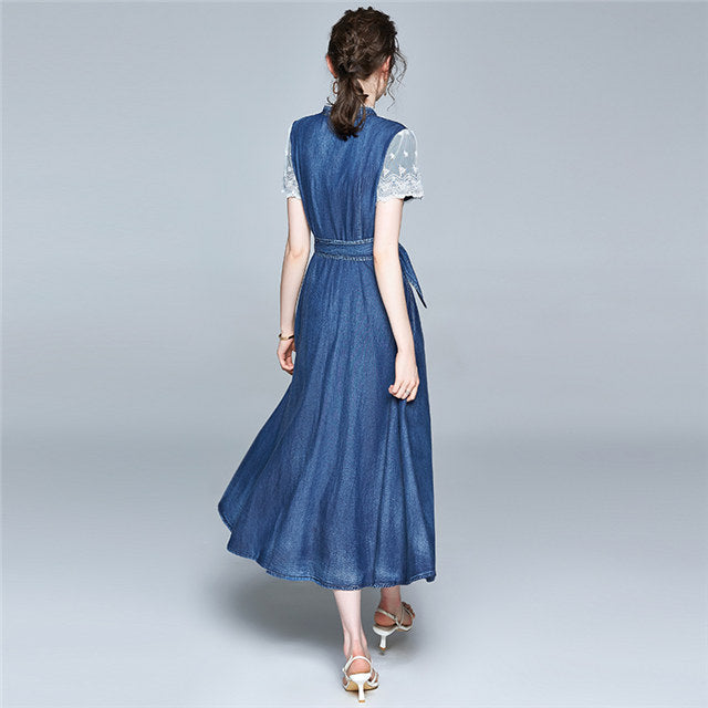 CM-DF063007 Women Elegant European Style Lace Splicing Stand Collar Denim Long Dress - Blue