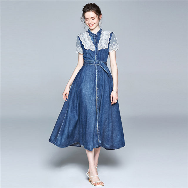CM-DF063007 Women Elegant European Style Lace Splicing Stand Collar Denim Long Dress - Blue