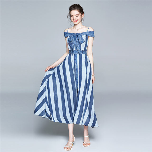 CM-DF063017 Women Retro European Style Bowknot Boat Neck Stripes Denim Long Dress - Blue
