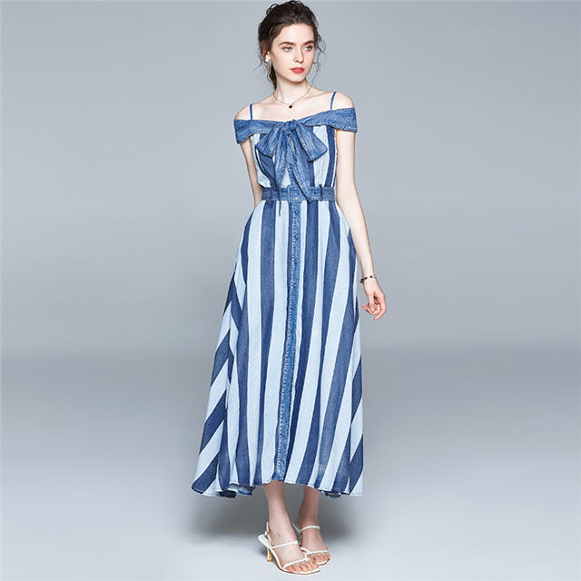 CM-DF063017 Women Retro European Style Bowknot Boat Neck Stripes Denim Long Dress - Blue