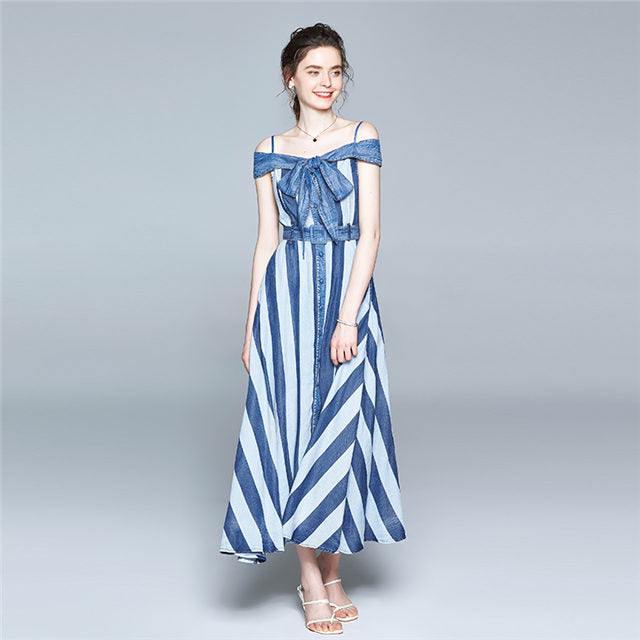 CM-DF063017 Women Retro European Style Bowknot Boat Neck Stripes Denim Long Dress - Blue