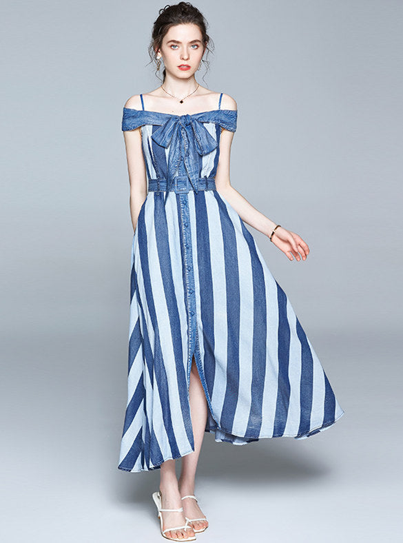 CM-DF063017 Women Retro European Style Bowknot Boat Neck Stripes Denim Long Dress - Blue