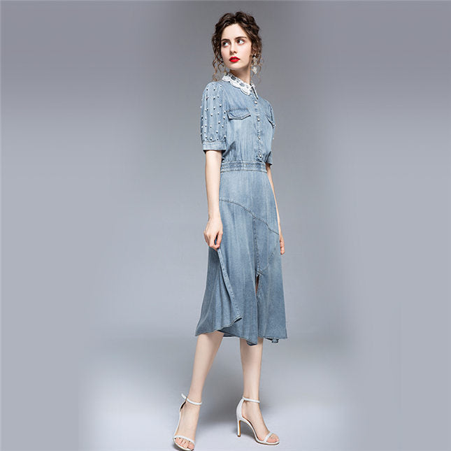 CM-DF063019 Women Retro European Style Lace Collar Beads Puff Sleeve Denim Dress - Light Blue