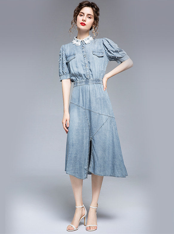 CM-DF063019 Women Retro European Style Lace Collar Beads Puff Sleeve Denim Dress - Light Blue