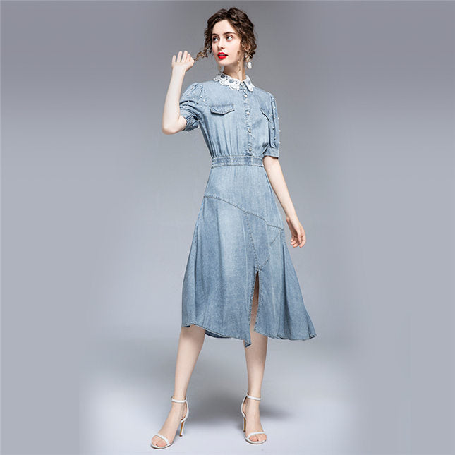 CM-DF063019 Women Retro European Style Lace Collar Beads Puff Sleeve Denim Dress - Light Blue