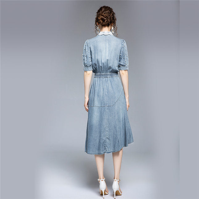 CM-DF063019 Women Retro European Style Lace Collar Beads Puff Sleeve Denim Dress - Light Blue