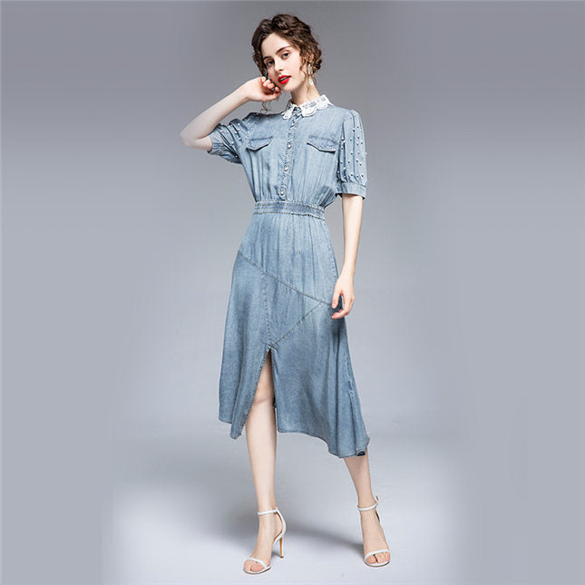 CM-DF063019 Women Retro European Style Lace Collar Beads Puff Sleeve Denim Dress - Light Blue