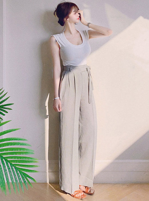 CM-SF070128 Women Casual Seoul Style Backless Knit Tops With Straight Long Pants - Set