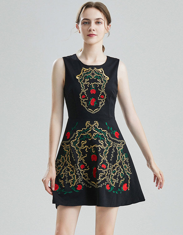 CM-DF070215 Women Elegant European Style Floral Embroidery Tank A-Line Dress - Black