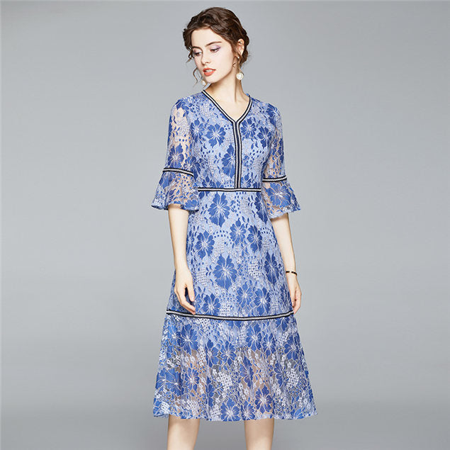CM-DF070401 Women Elegant European Style V-Neck Flare Sleeve Lace Floral Dress - Blue