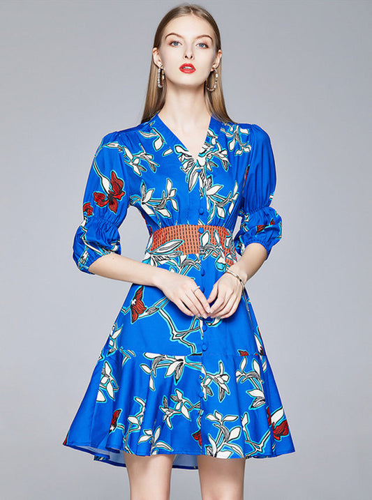 CM-DF070409 Women Charming European Style V-Neck Floral Print Puff Sleeve Dress - Blue