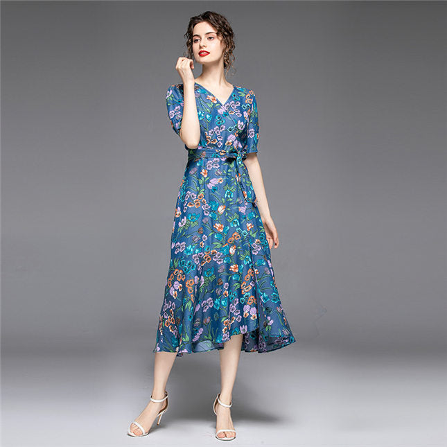 CM-DF070413 Women Charming European Style Tie Waist V-Neck Floral Print Denim Dress