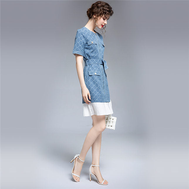 CM-DF070416 Women Elegant European Style Tie Waist Zipper Open Pleated Fishtail Denim Dress