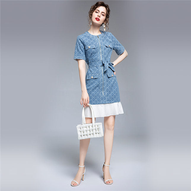 CM-DF070416 Women Elegant European Style Tie Waist Zipper Open Pleated Fishtail Denim Dress