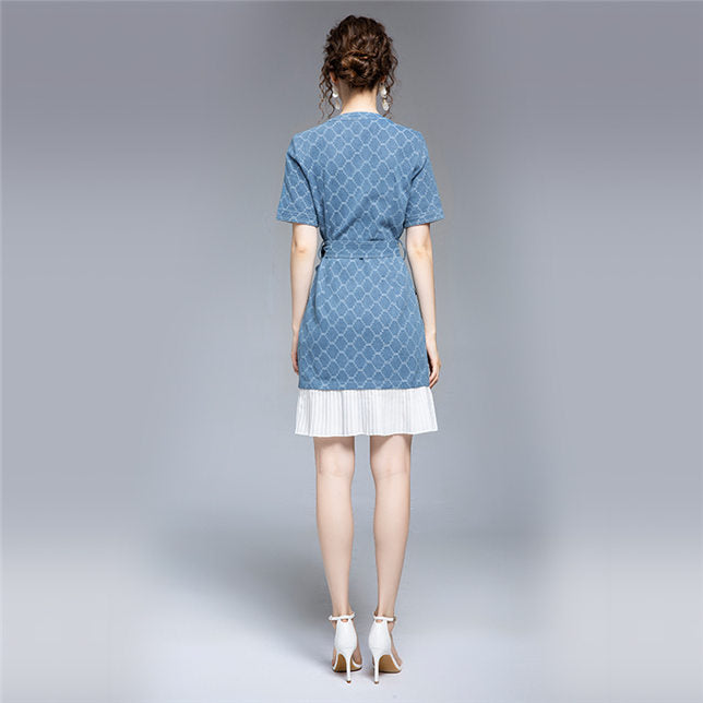 CM-DF070416 Women Elegant European Style Tie Waist Zipper Open Pleated Fishtail Denim Dress