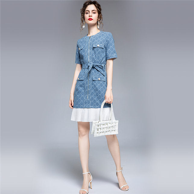 CM-DF070416 Women Elegant European Style Tie Waist Zipper Open Pleated Fishtail Denim Dress