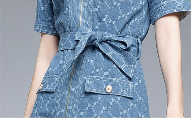 CM-DF070416 Women Elegant European Style Tie Waist Zipper Open Pleated Fishtail Denim Dress