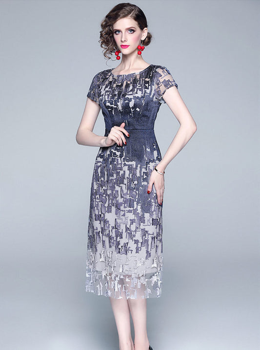 CM-DF070418 Women Casual Seoul Style Short Sleeve High Waist Embroidery A-Line Dress