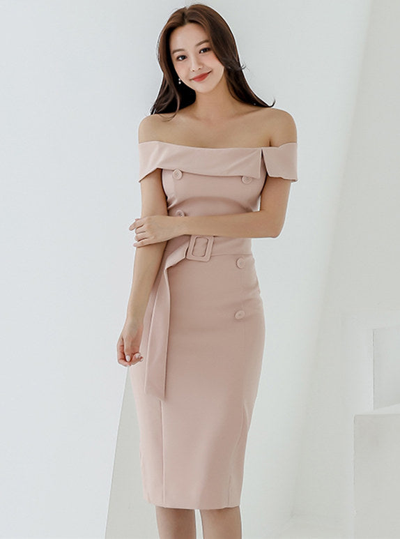 CM-DF070610 Women Casual Seoul Style Boat Neck Double-Breasted Slim Midi Dress