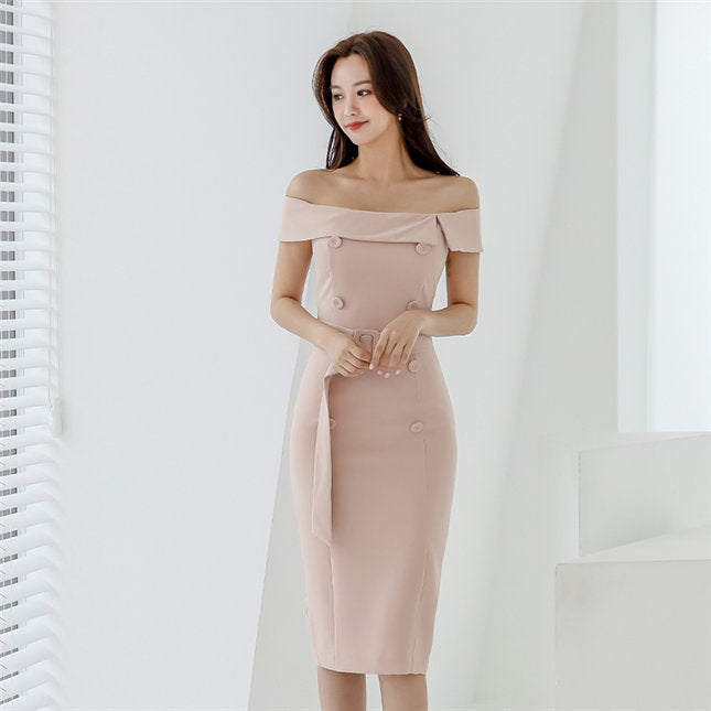 CM-DF070610 Women Casual Seoul Style Boat Neck Double-Breasted Slim Midi Dress