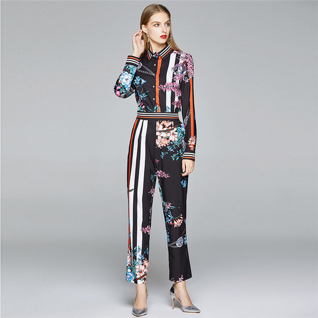 CM-SF070707 Women Retro European Style Color Block Flowers Loosen Long Suits - Set