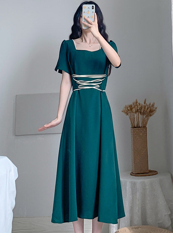 CM-DF070809 Women Preppy Seoul Style Square Collar Tie Waist Long Dress - Green