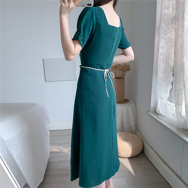 CM-DF070809 Women Preppy Seoul Style Square Collar Tie Waist Long Dress - Green