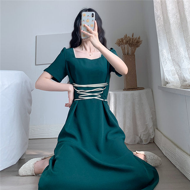 CM-DF070809 Women Preppy Seoul Style Square Collar Tie Waist Long Dress - Green