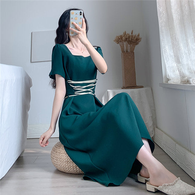 CM-DF070809 Women Preppy Seoul Style Square Collar Tie Waist Long Dress - Green