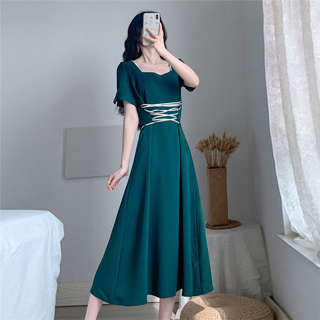 CM-DF070809 Women Preppy Seoul Style Square Collar Tie Waist Long Dress - Green