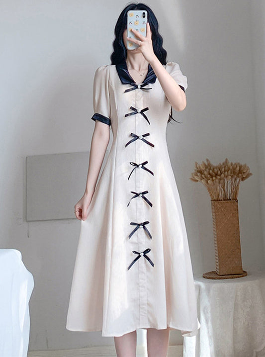 CM-DF070823 Women Preppy Seoul Style Doll Collar Bowknot A-Line Long Dress - Apricot