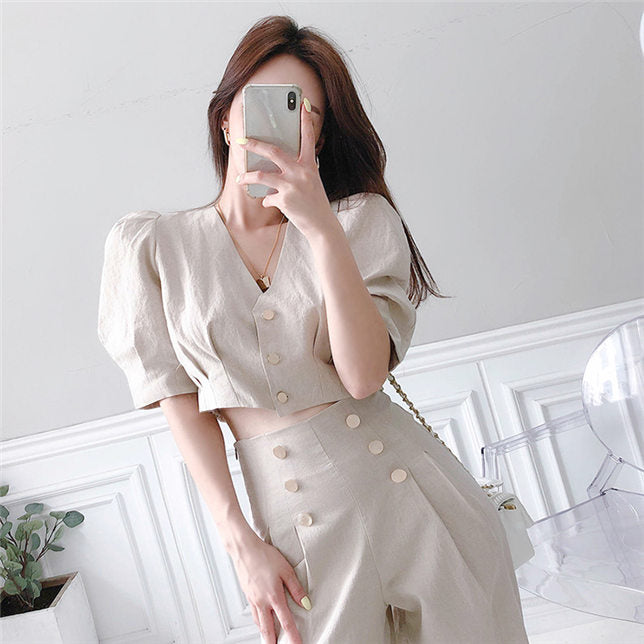 CM-SF071013 Women Trendy Seoul Style Single-Breasted V-Neck High Waist Long Suits - Set