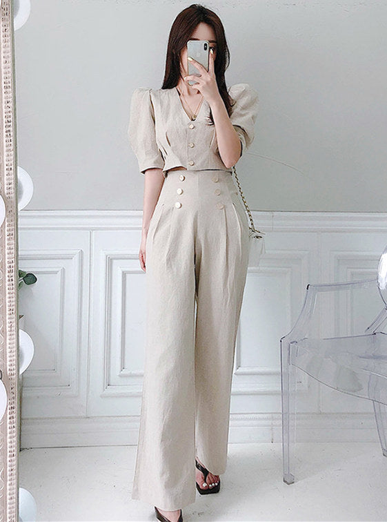 CM-SF071013 Women Trendy Seoul Style Single-Breasted V-Neck High Waist Long Suits - Set