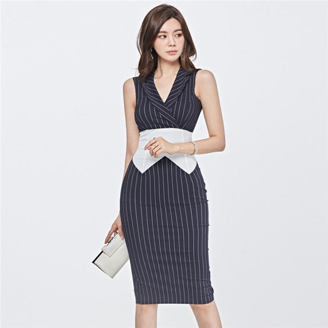 CM-DF071504 Women Elegant Seoul Style Sleeveless Tailored Stripes Slim Dress - Navy Blue