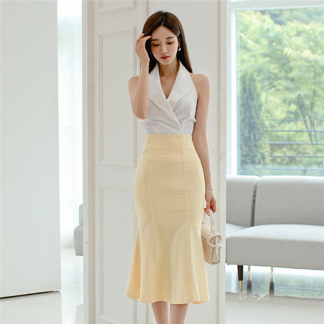CM-SF071710 Women Charming Seoul Style Backless Halter Blouse With Fishtail Slim Long Skirt - Set