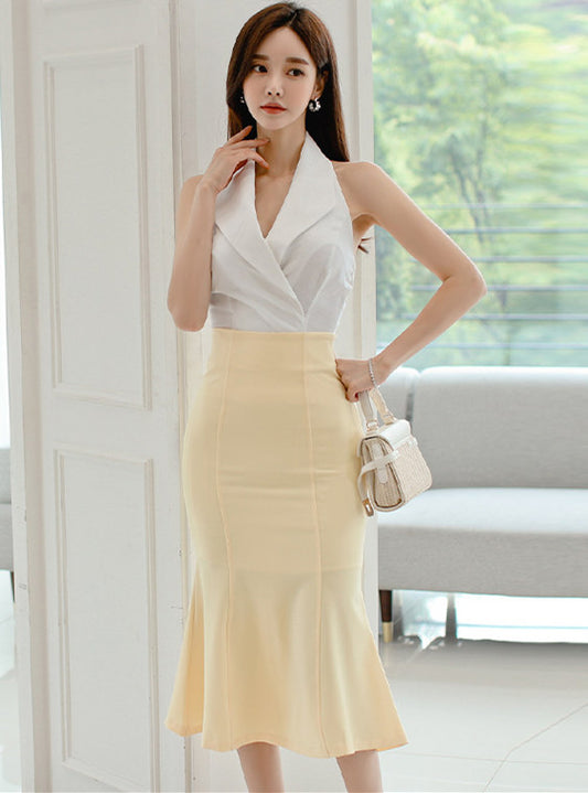 CM-SF071710 Women Charming Seoul Style Backless Halter Blouse With Fishtail Slim Long Skirt - Set