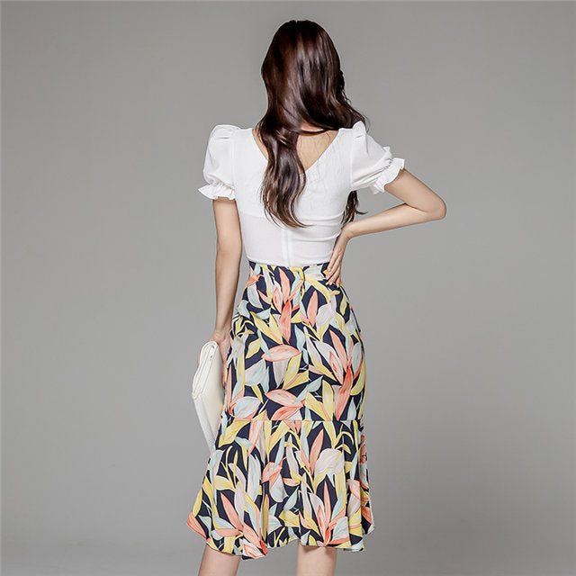 CM-SF071712 Women Charming Seoul Style V-Neck Puff Sleeve Blouse With Fishtail Skirt - Set