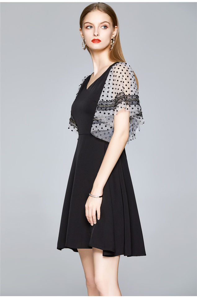 CM-DF071810 Women Elegant European Style V-Neck Dots Sleeve Flouncing A-Line Dress