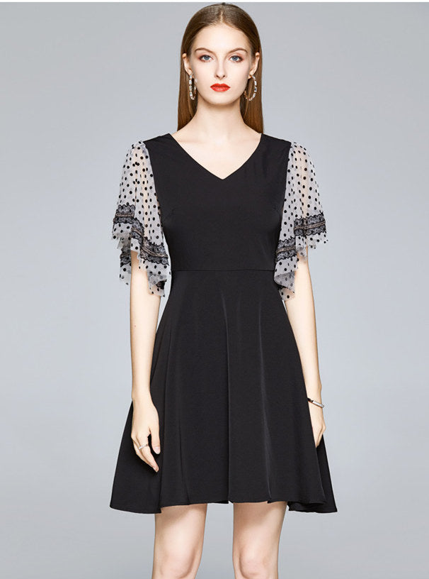 CM-DF071810 Women Elegant European Style V-Neck Dots Sleeve Flouncing A-Line Dress