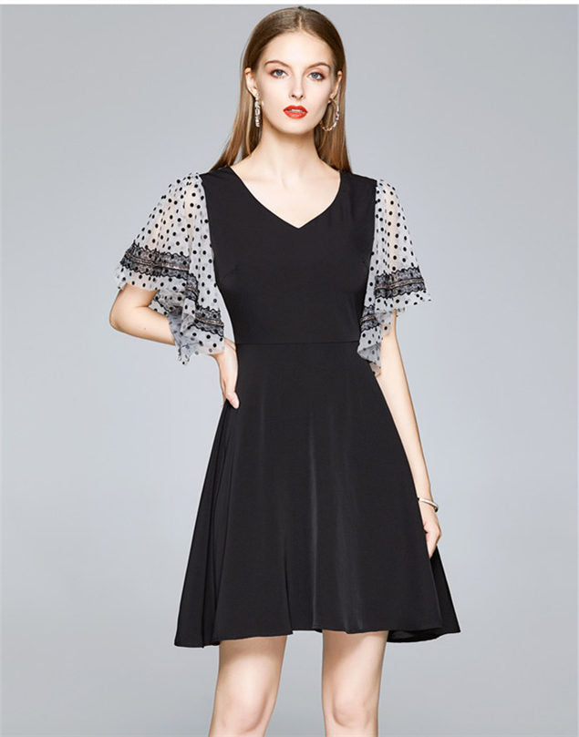 CM-DF071810 Women Elegant European Style V-Neck Dots Sleeve Flouncing A-Line Dress