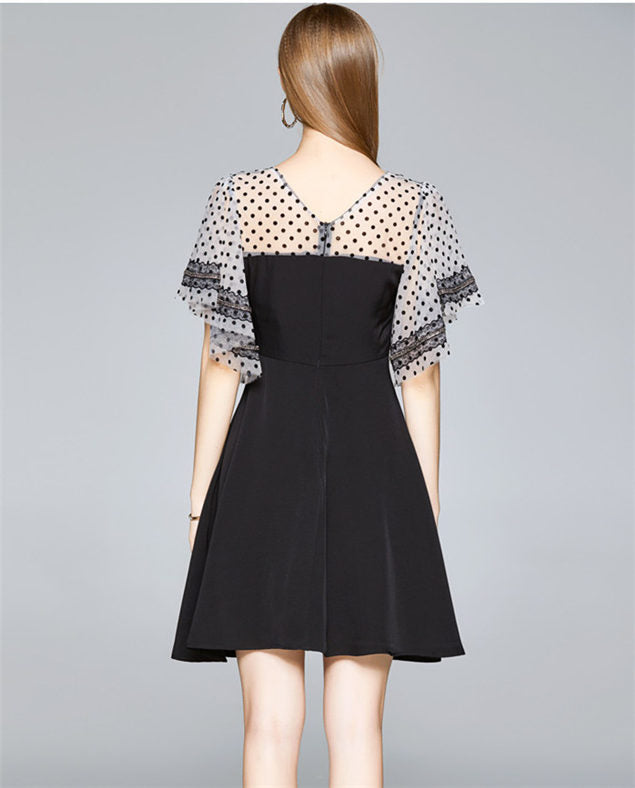 CM-DF071810 Women Elegant European Style V-Neck Dots Sleeve Flouncing A-Line Dress