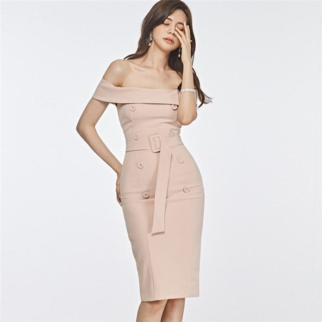 CM-DF072005 Women Casual Seoul Style Double-Breasted Boat Neck Slim Dress
