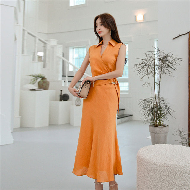CM-DF072009 Women Casual Seoul Style Shirt Collar Tie Waist Fishtail Dress - Orange